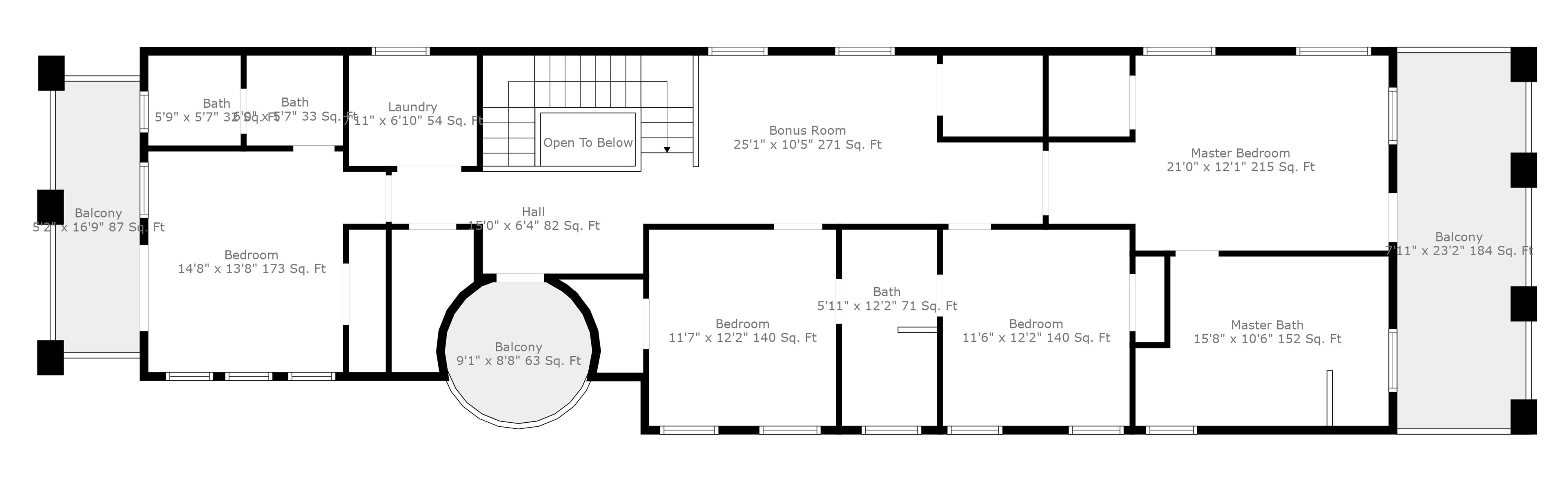 Un plan d’étage d’un hôtel comprenant plusieurs chambres, des salles de bain, un balcon et un hall.