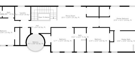 Un plan d’étage d’un hôtel comprenant plusieurs chambres, des salles de bain, un balcon et un hall.