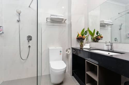 Shower, free toiletries, hair dryer, slippers