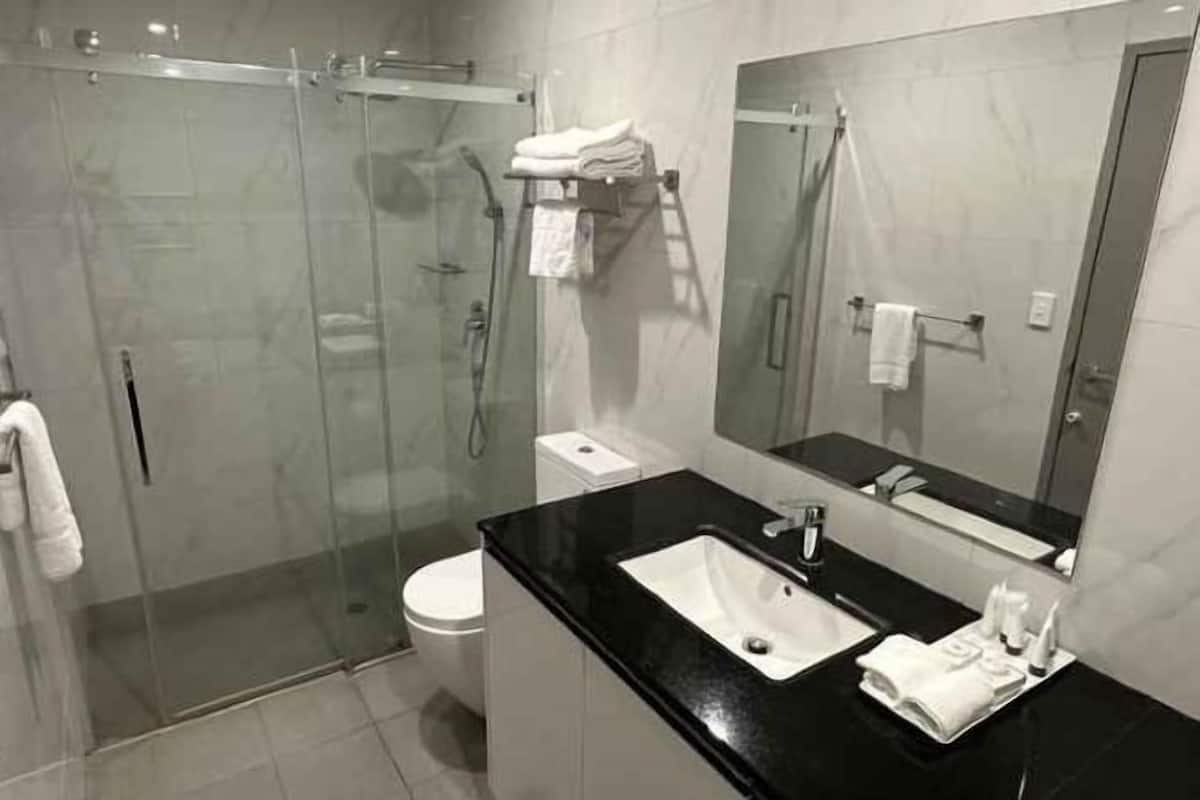 Shower, free toiletries, hair dryer, slippers