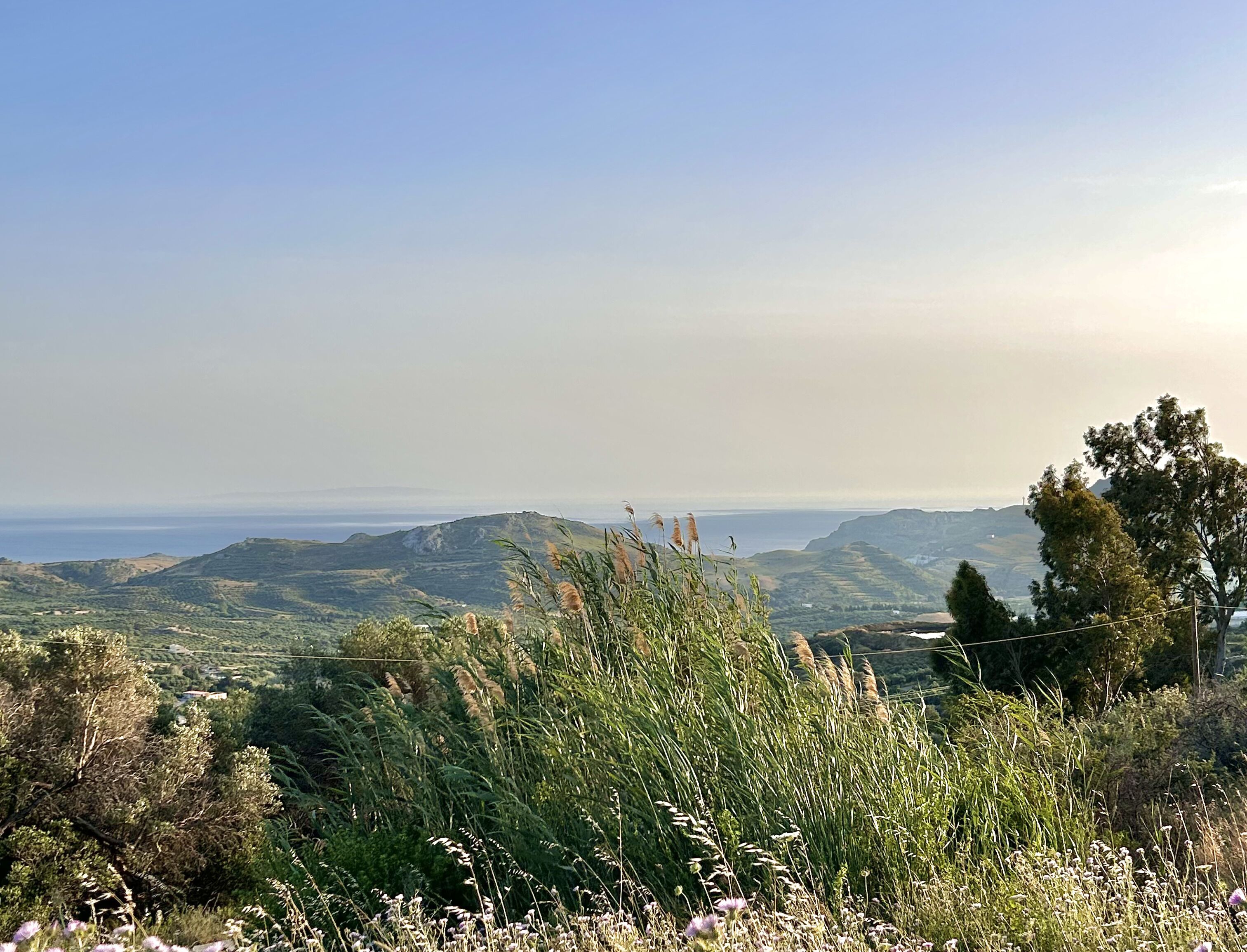 Vista panorámica de un paisaje montañoso con vegetación exuberante y colinas distantes.