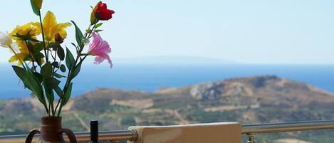 Ein Tisch mit Blumen in einer Vase, einer Flasche und einem Glas, mit Blick auf eine gebirgige Landschaft.