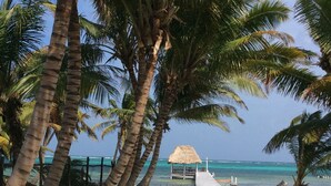 A beach with palm trees, a thatched-roof structure, and a wooden pier leading to the sea.