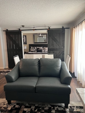 Flat-screen TV, fireplace, DVD player, books