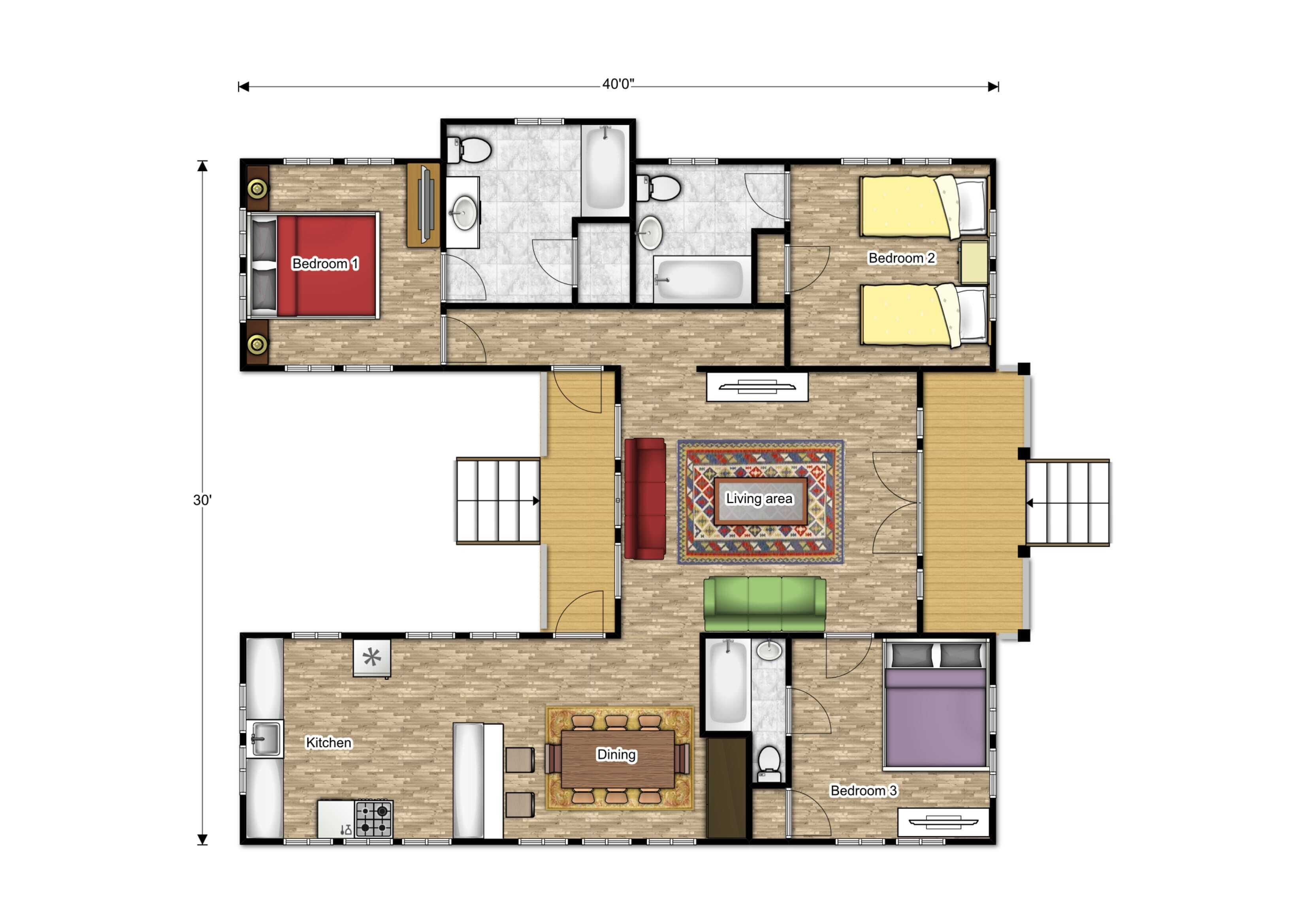 Een plattegrond van een hotel met drie slaapkamers, een woonruimte, een keuken en een eetgedeelte.