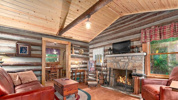 Interior de una cabaña de troncos con chimenea, muebles de cuero y televisor.