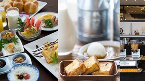 Un buffet de petit-déjeuner proposant divers plats, notamment des toasts, des fruits et des boissons.
