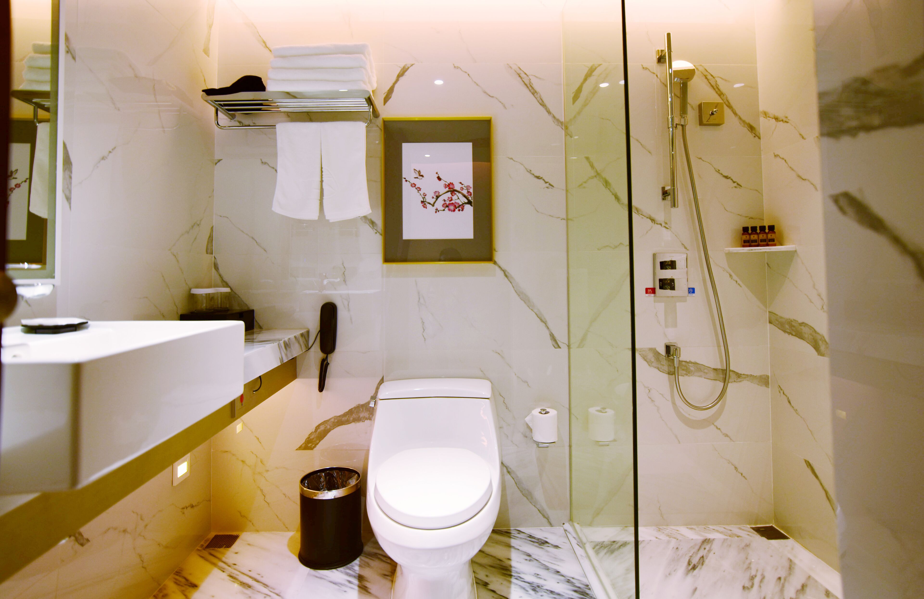 Ein modernes Badezimmer mit Toilette, Waschbecken, Dusche und Marmorwand.