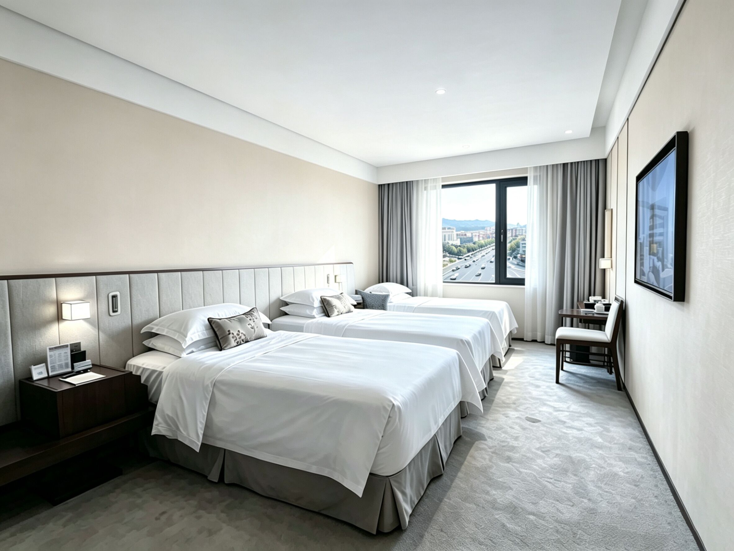 A hotel room with two beds, a desk, a chair, a nightstand, and a large window with a city view.
