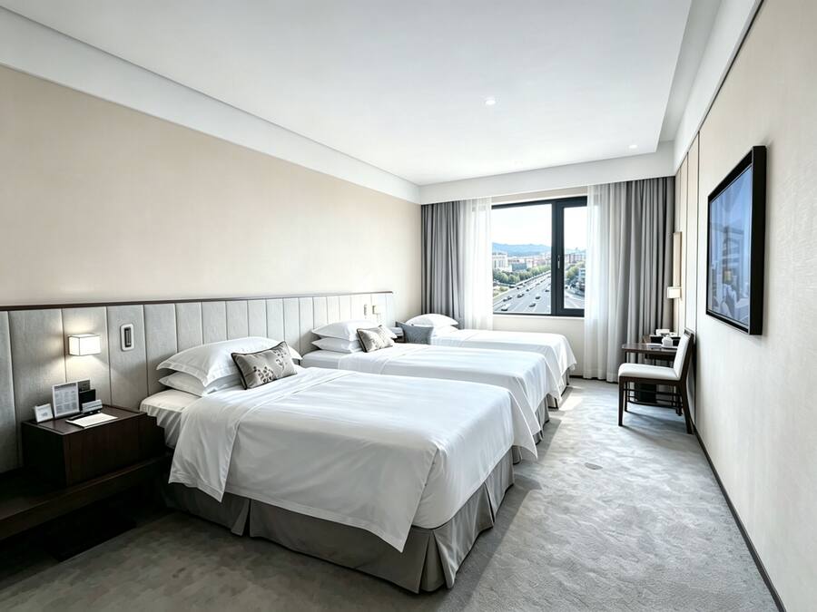 A hotel room with two beds, a desk, a chair, a nightstand, and a large window with a city view.