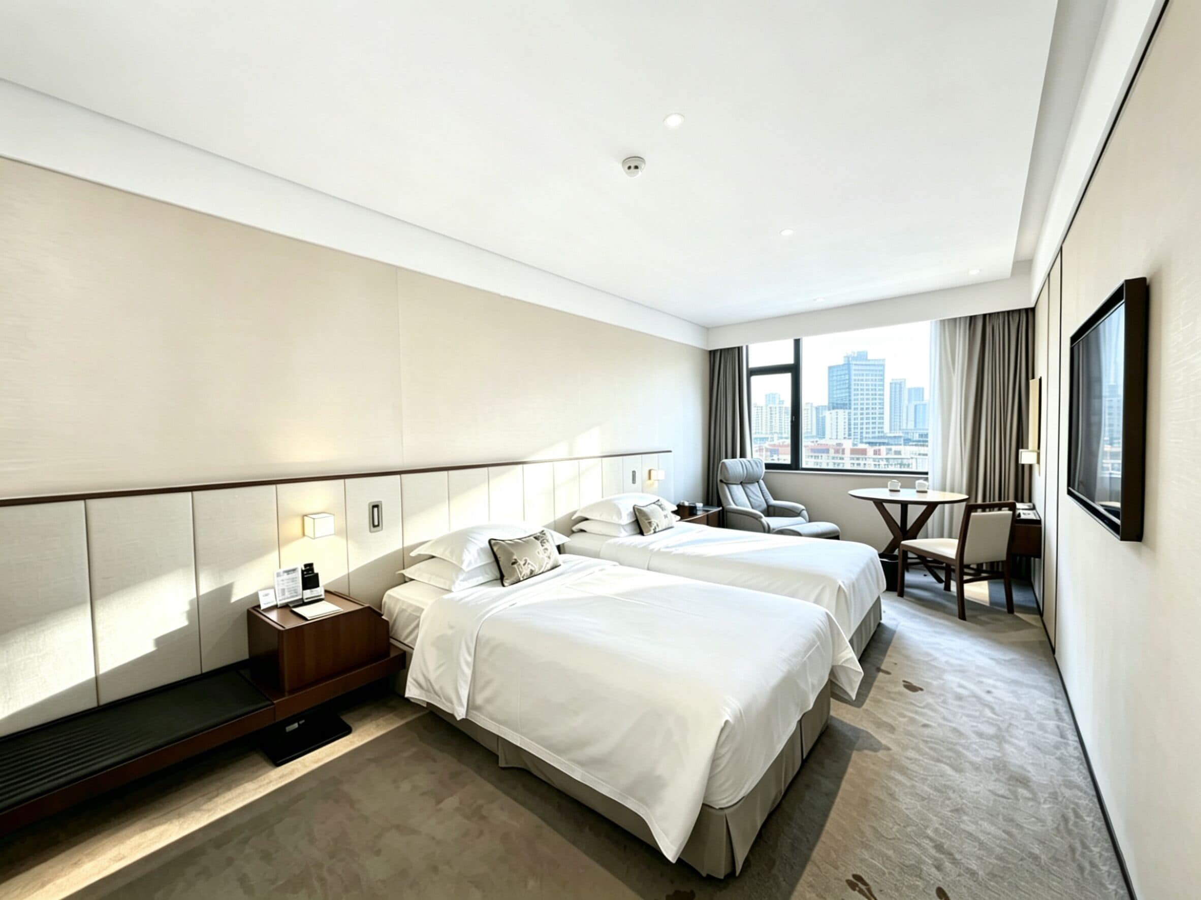 A hotel room with two beds, a desk, a chair, a small table, and a city view.