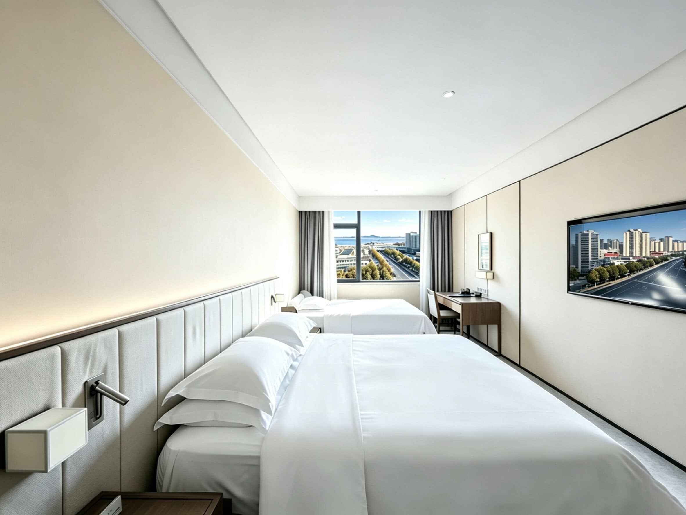Ein Hotelzimmer mit zwei Betten, einem Schreibtisch, einem Stuhl, einem Fernseher und einem Fenster mit Blick auf die Stadt.