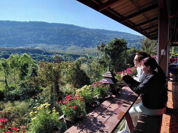 A table with potted plants and flowers, overlooking a mountainous landscape.