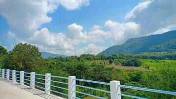 Un sendero pavimentado con barandilla blanca que da vista a un paisaje verde exuberante con árboles y colinas.