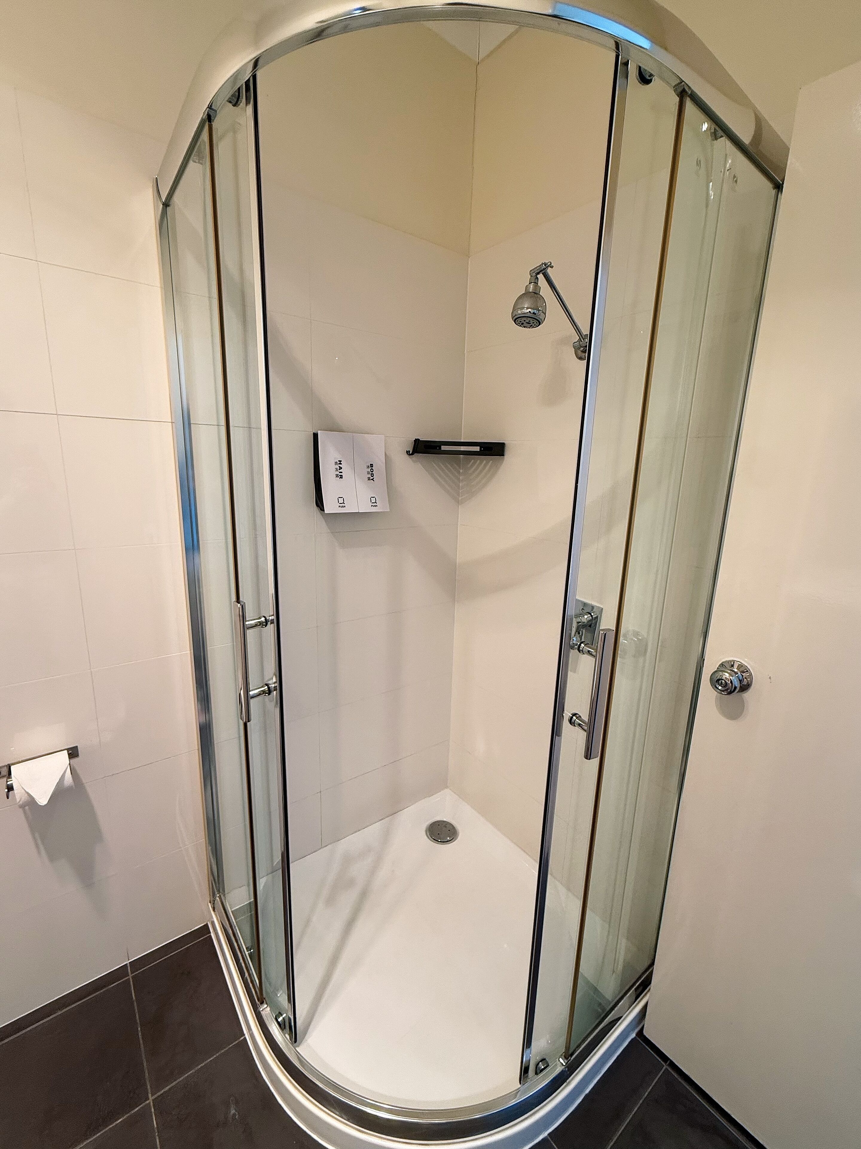 A glass-enclosed shower with a handheld showerhead, a handheld showerhead, and a wall-mounted faucet.