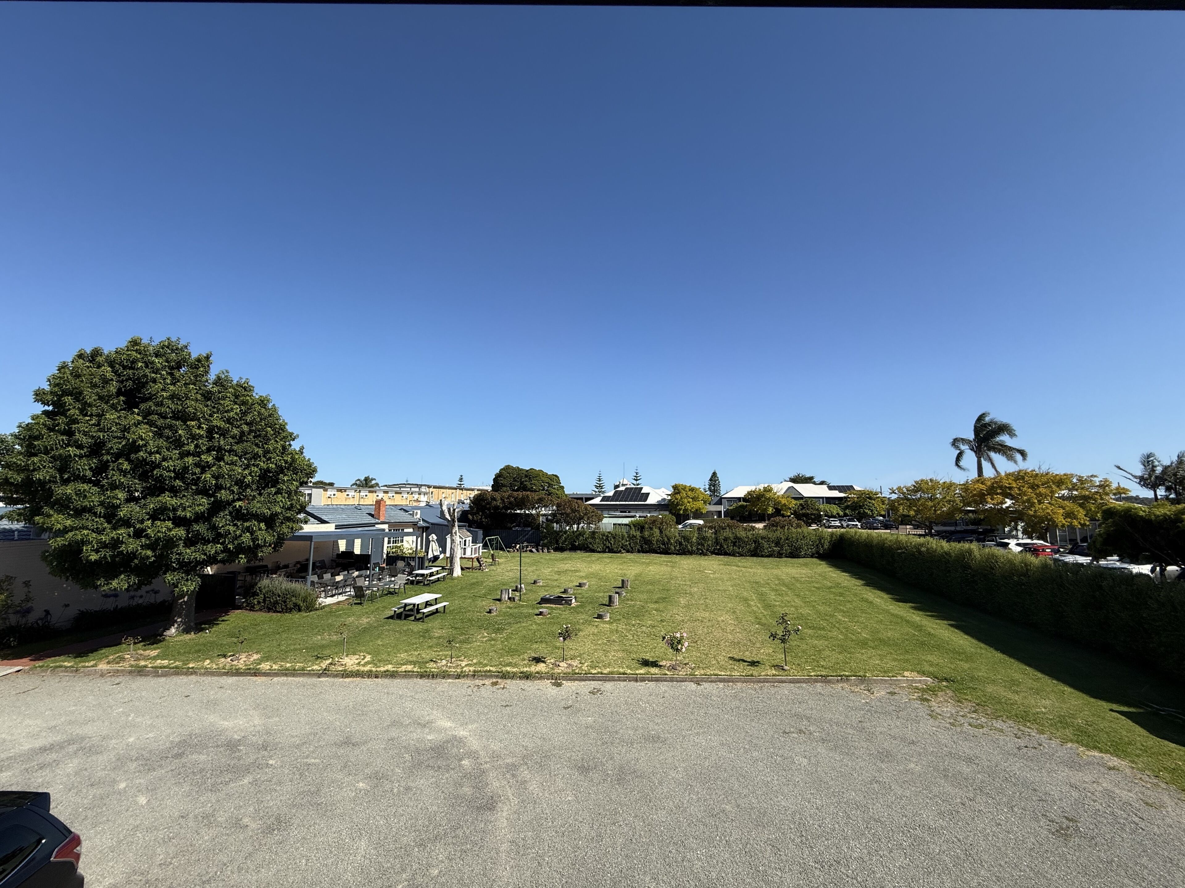 A grassy area with a parking lot and a large tree.