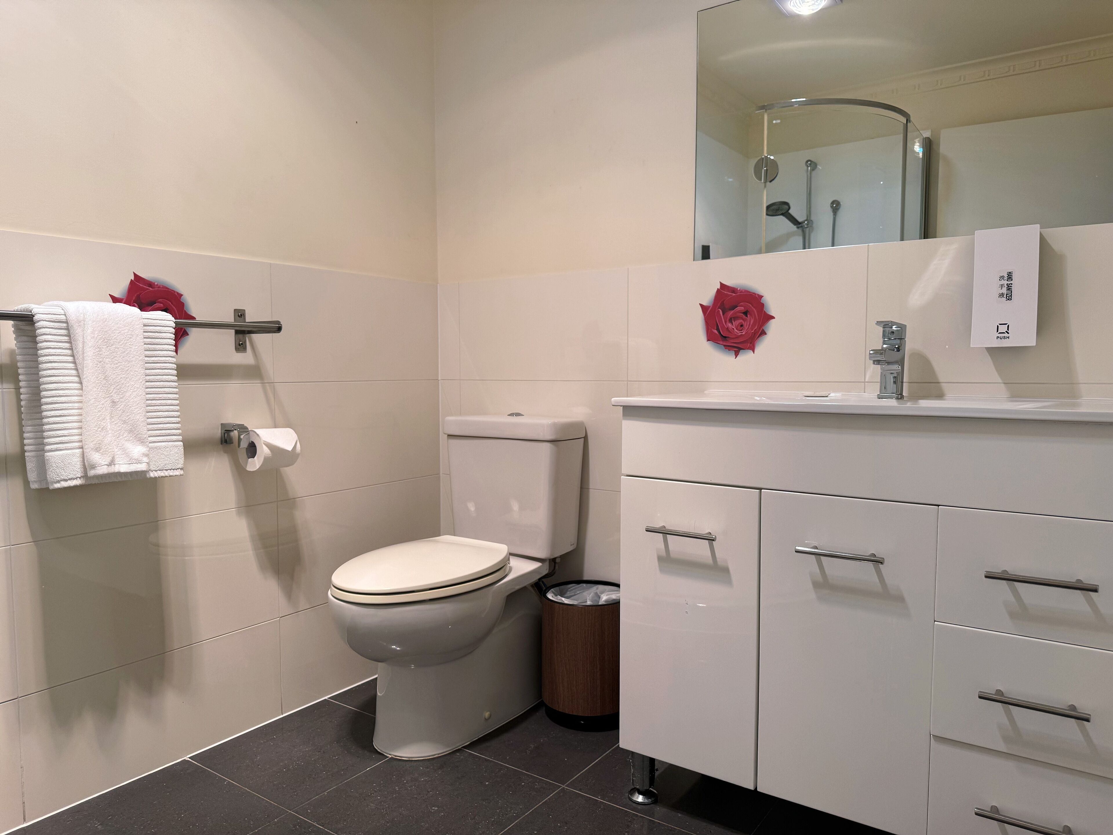 A modern bathroom with a toilet, a sink, and a mirror.