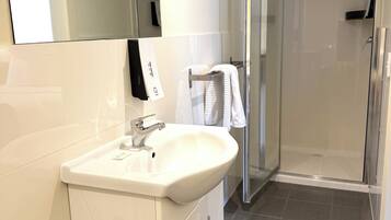A modern bathroom with a white sink, mirror, and glass shower enclosure.
