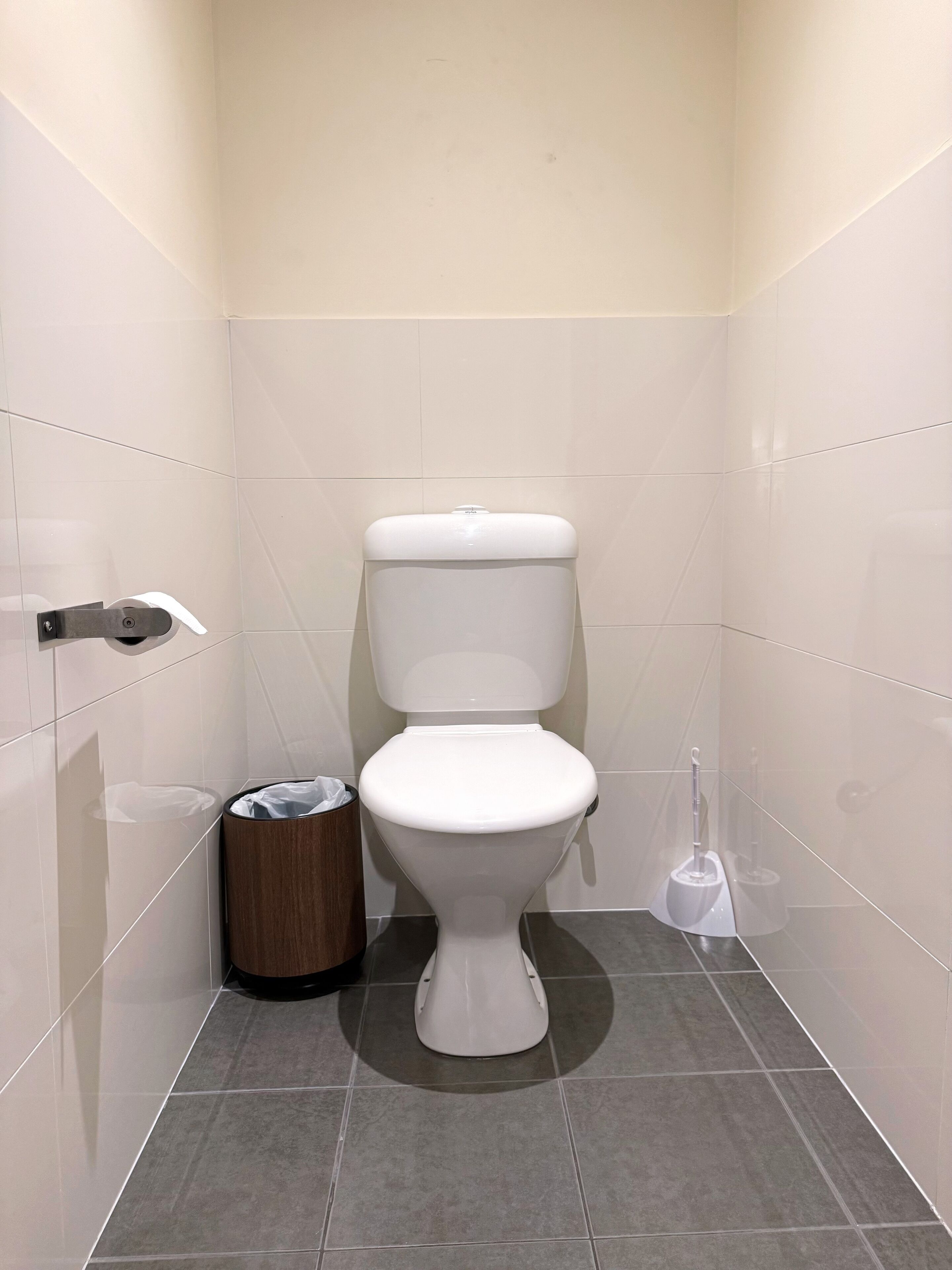 Un baño moderno con inodoro blanco, un cubo de basura y un escobillón.