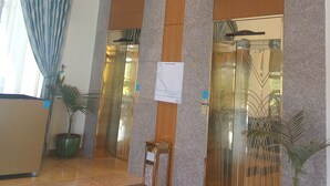 Un hall d’entrée moderne avec un plafond en bois, un ascenseur en verre et des plantes en pot.
