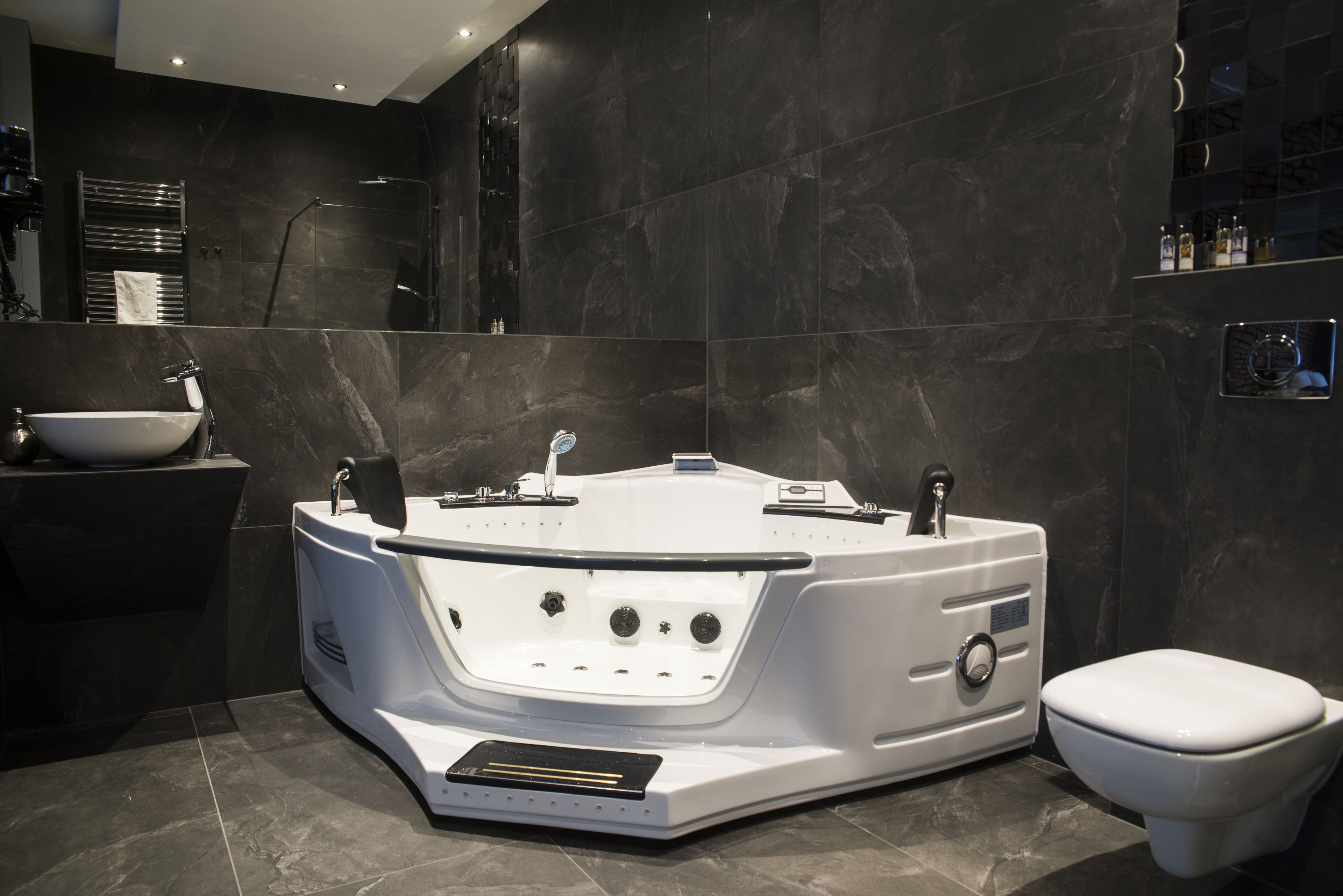 Une salle de bain moderne avec une grande baignoire sur pieds, un lavabo et des toilettes.
