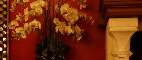Una planta de orquídea en maceta sobre un taburete, frente a una pared roja, con una chimenea y un espejo de marcos circulares al fondo.