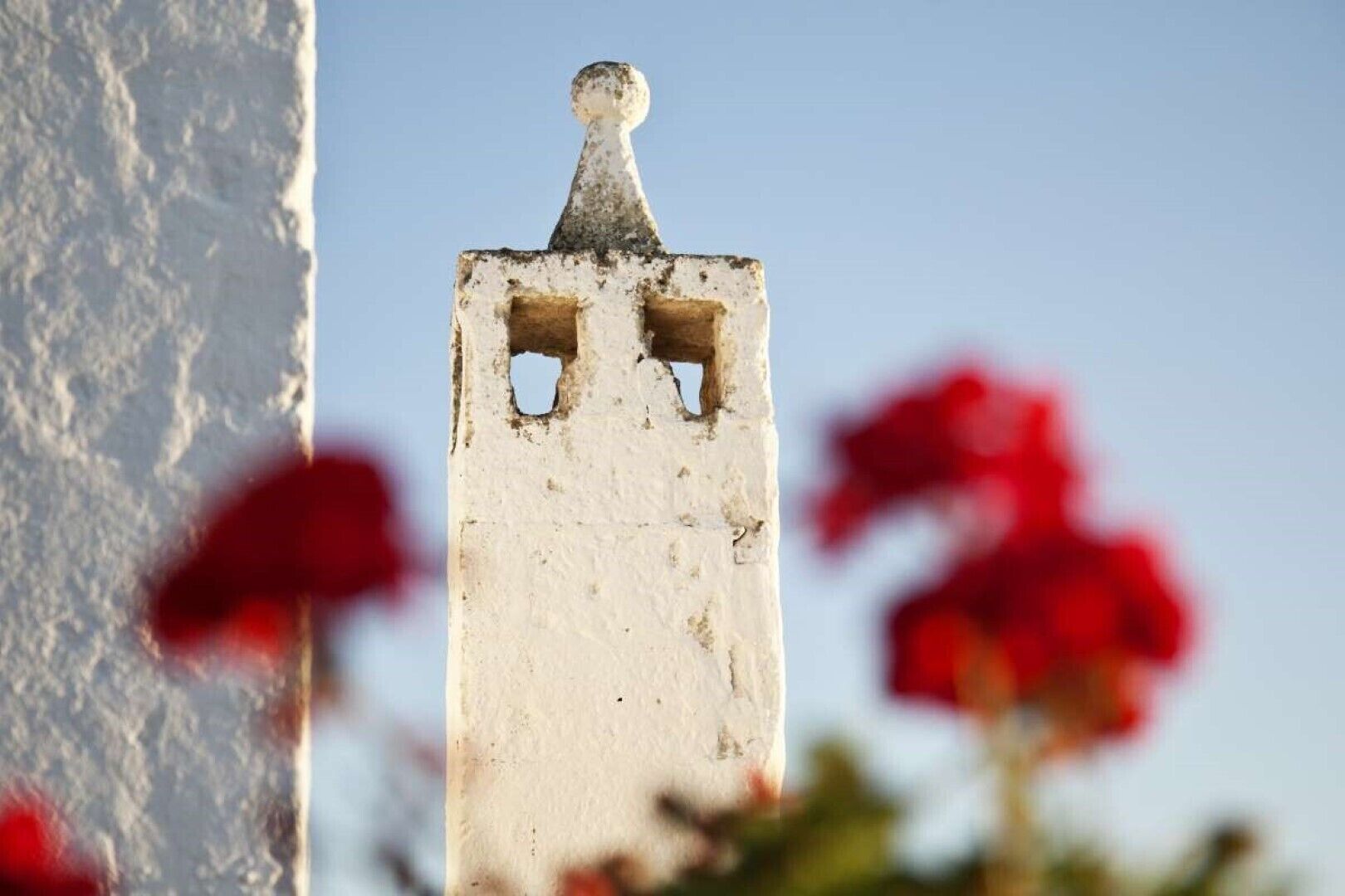 Paredes brancas desgastadas pelo tempo, com um objeto metálico pontiagudo, possivelmente um poste de proteção, e flores vermelhas em primeiro plano.