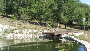 A wooden bridge over a pond with lily pads, surrounded by trees and a stone wall. - Agriturismo Il casale delle Ginestre (Fiumicino)