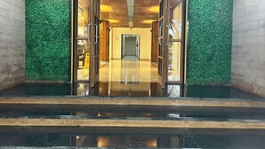 Entrada de un hotel con un muro de césped artificial verde, suelo de madera y una puerta de cristal que da al interior.