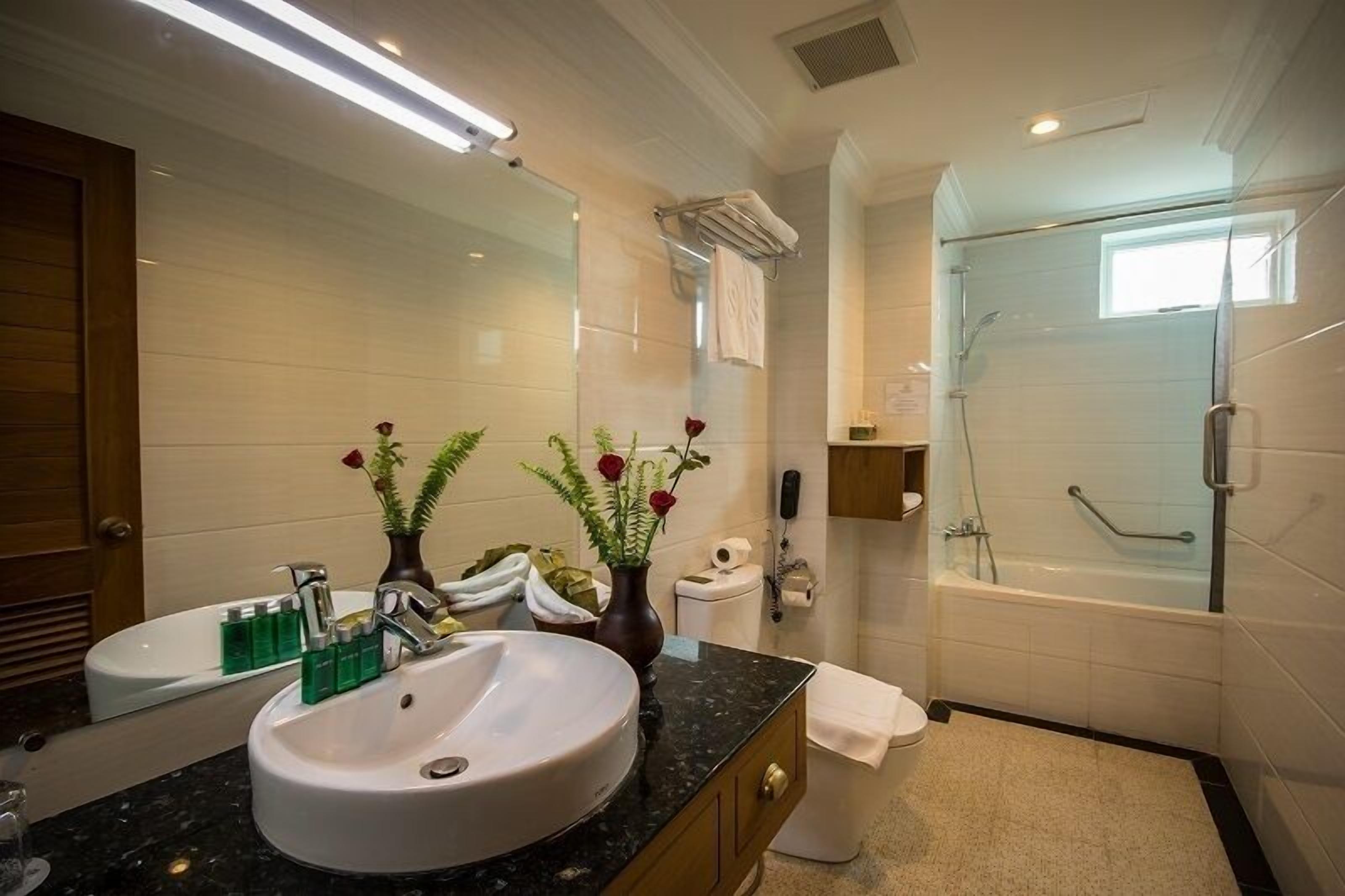 free toiletries, hair dryer, slippers, towels