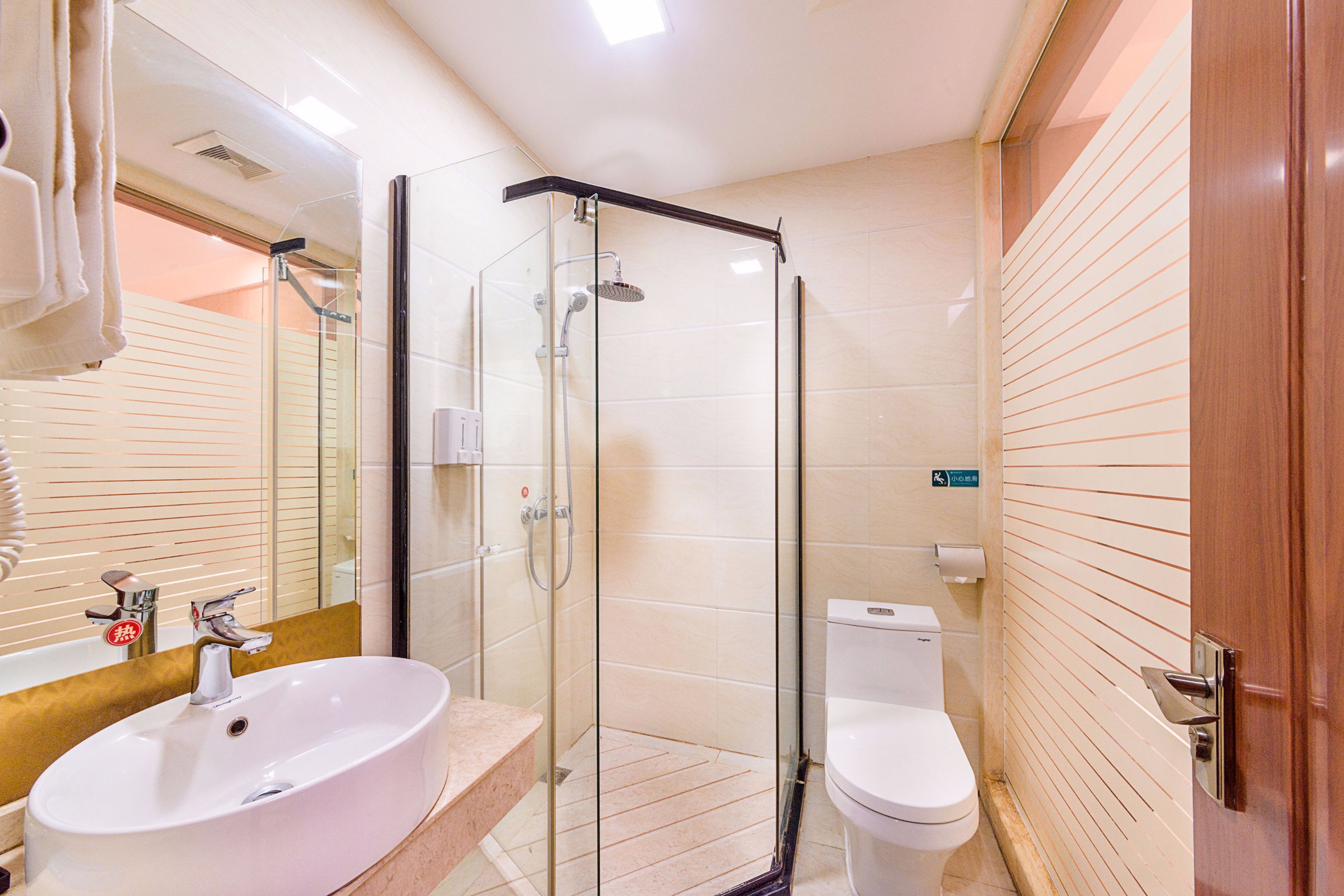 A modern bathroom with a glass-enclosed shower, a sink, and a toilet.