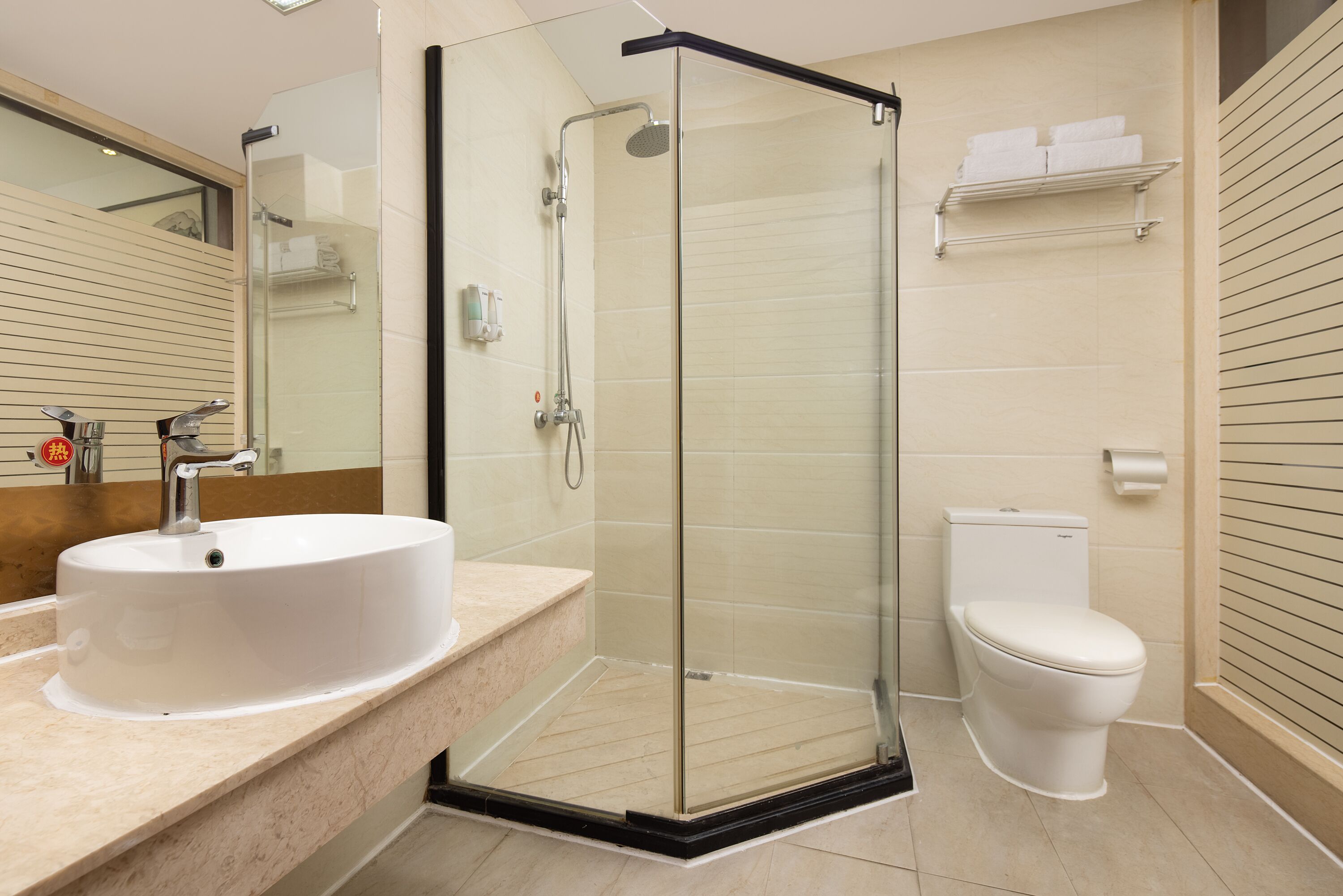 Une salle de bain moderne avec une douche à parois de verre, un lavabo blanc et des toilettes.