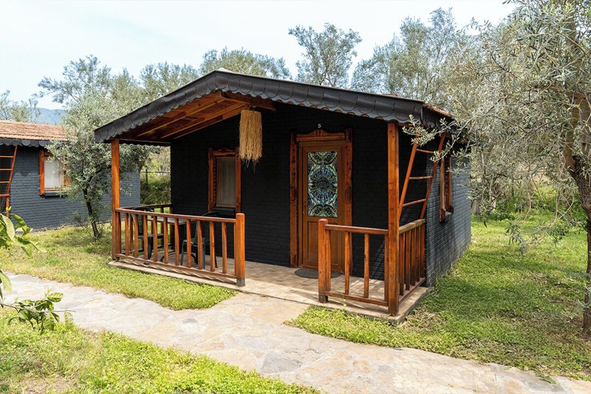 Uma cabana rústica com varanda de madeira, porta com painel de vidro e um caminho de pedras que leva à entrada.