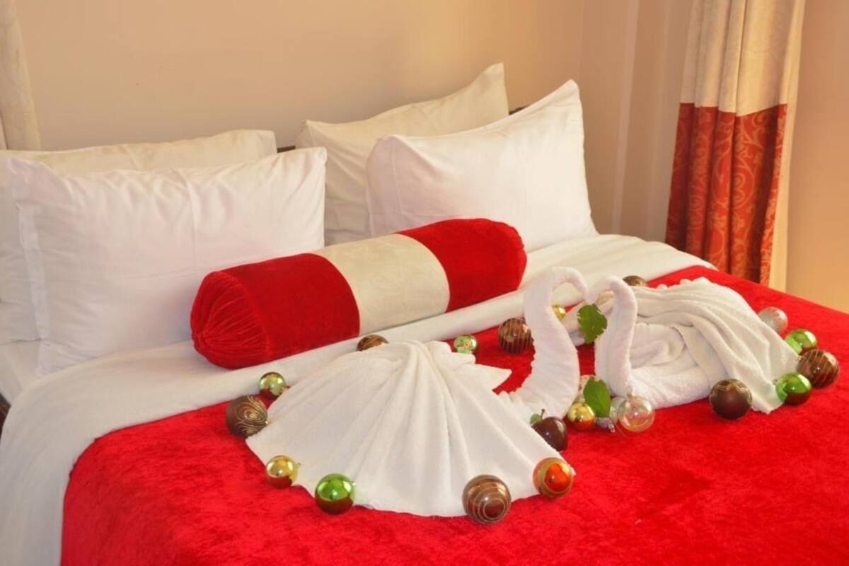 Une chambre d’hôtel avec une moquette rouge, du linge de lit blanc et des coussins décoratifs.