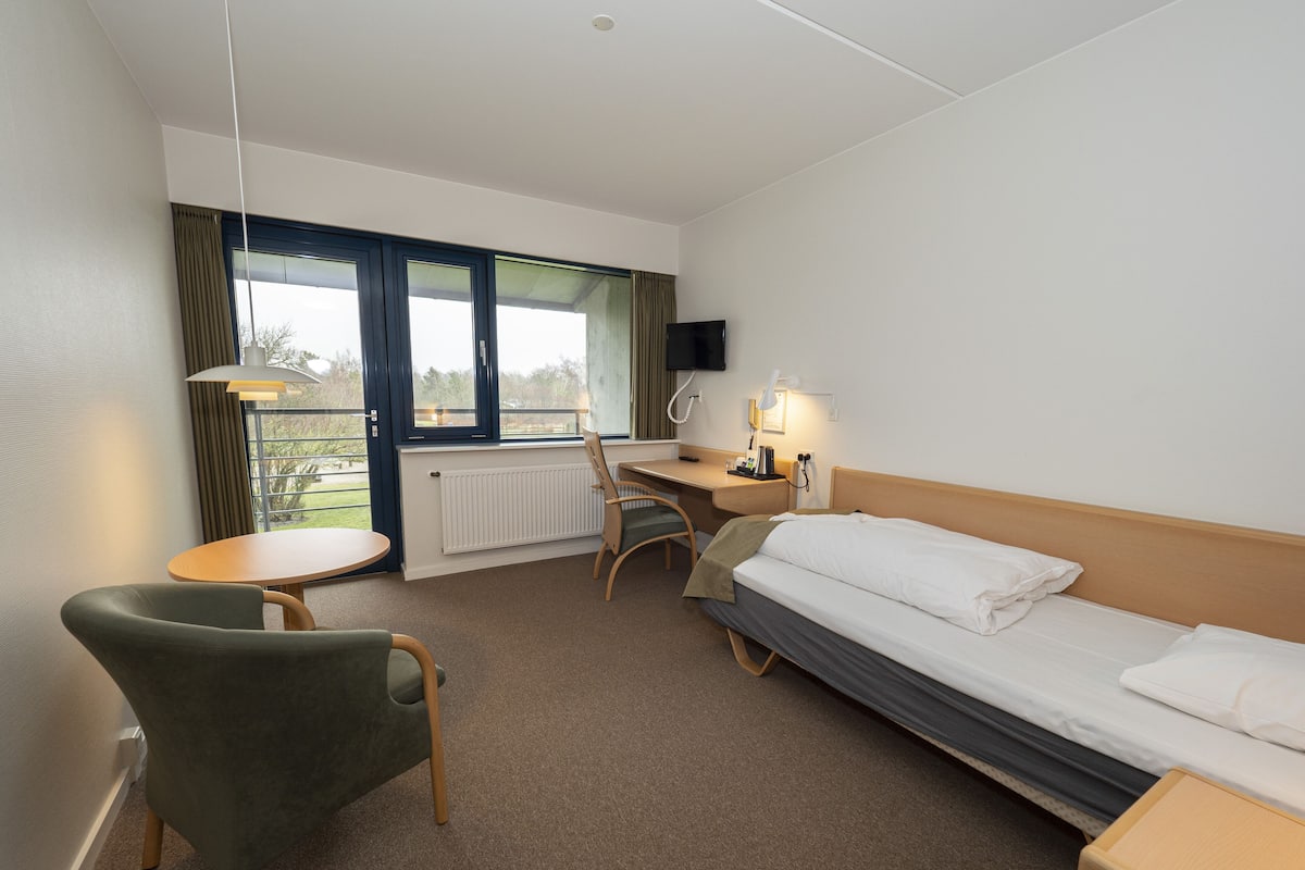 A hotel room with a bed, a desk, a chair, a table, and a TV.