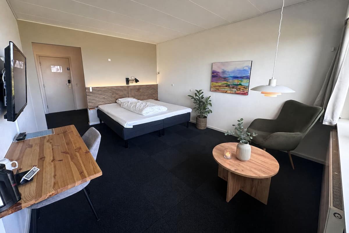 A hotel room with a bed, a desk, a chair, a small table, a TV, a painting, and a plant.