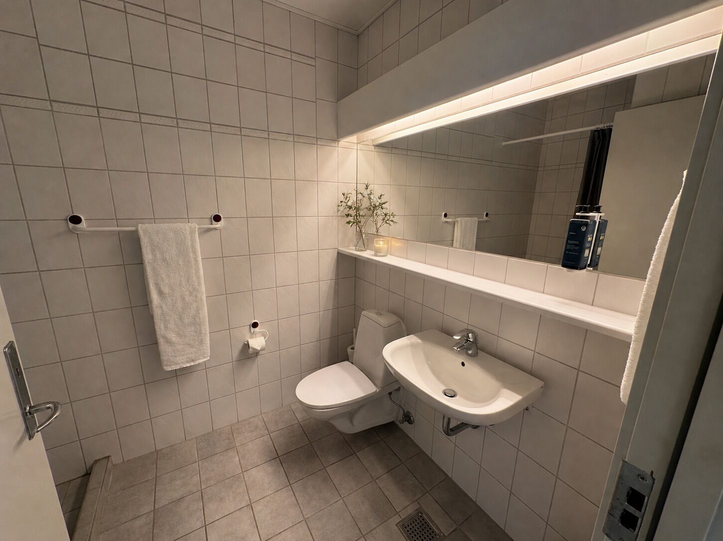 A modern bathroom with a toilet, sink, and mirror.