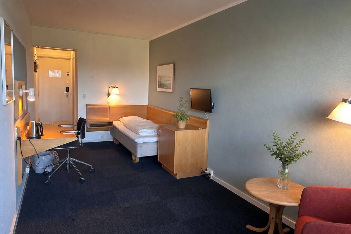 A hotel room with a bed, desk, chair, desk lamp, bedside table, TV, and a small plant.
