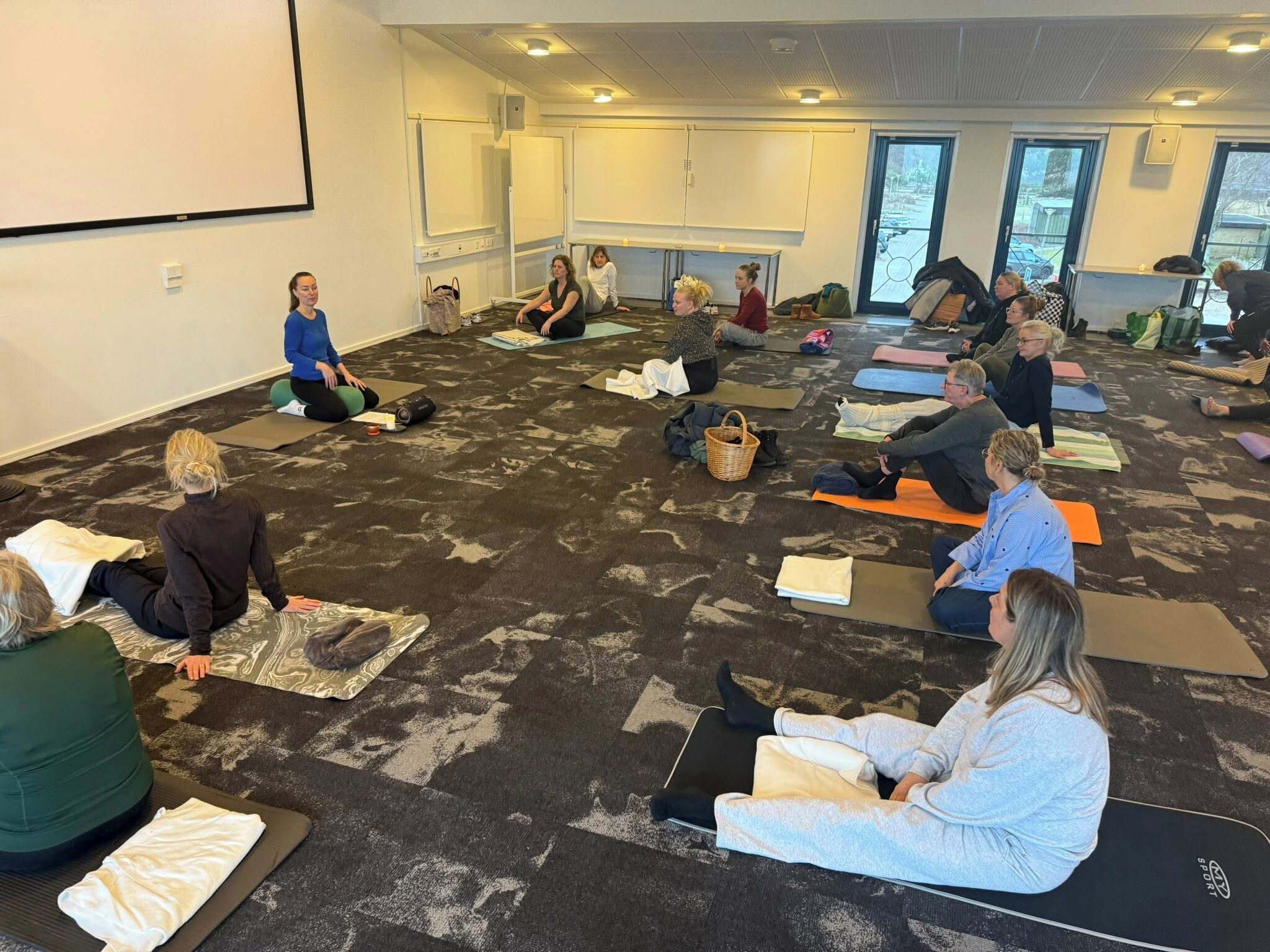 Un groupe de personnes se trouve dans une pièce dont le sol est recouvert de moquette. Elles sont assises sur des tapis de gymnastique, et certaines sur des tapis de yoga.
