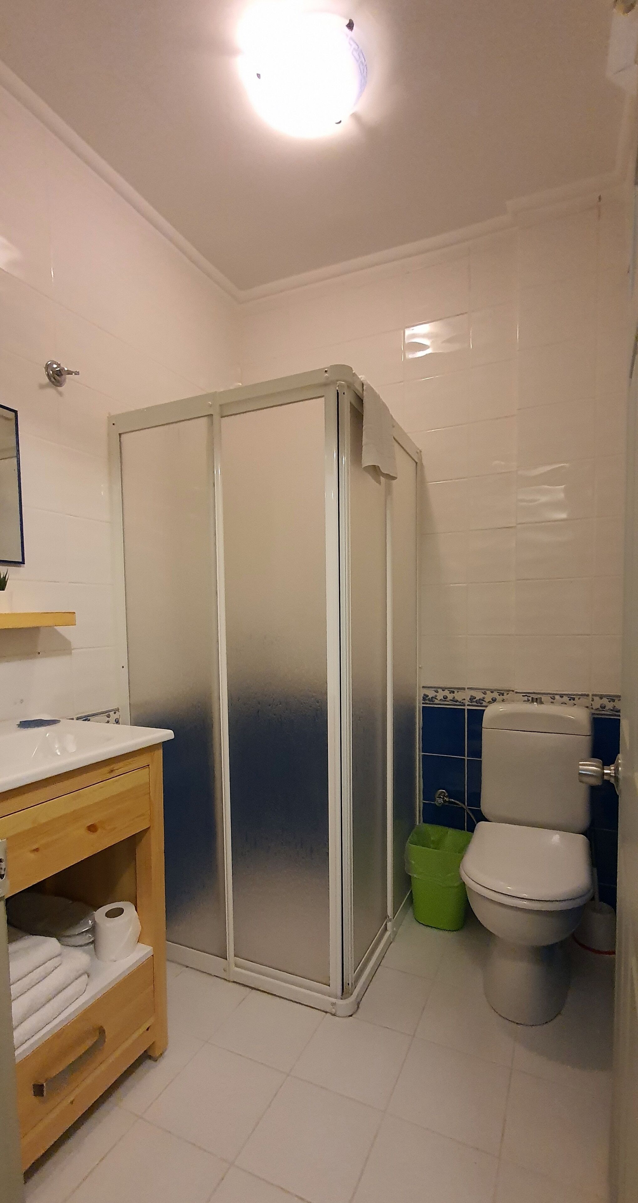 A bathroom with a shower enclosure, toilet, and a wooden vanity with a mirror.