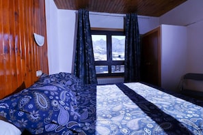 A room with a bed, a window with curtains, and a view of mountains.
