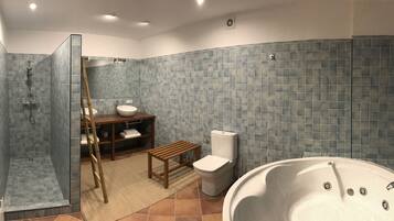 Un baño moderno con ducha a nivel, inodoro, lavabo y bañera.