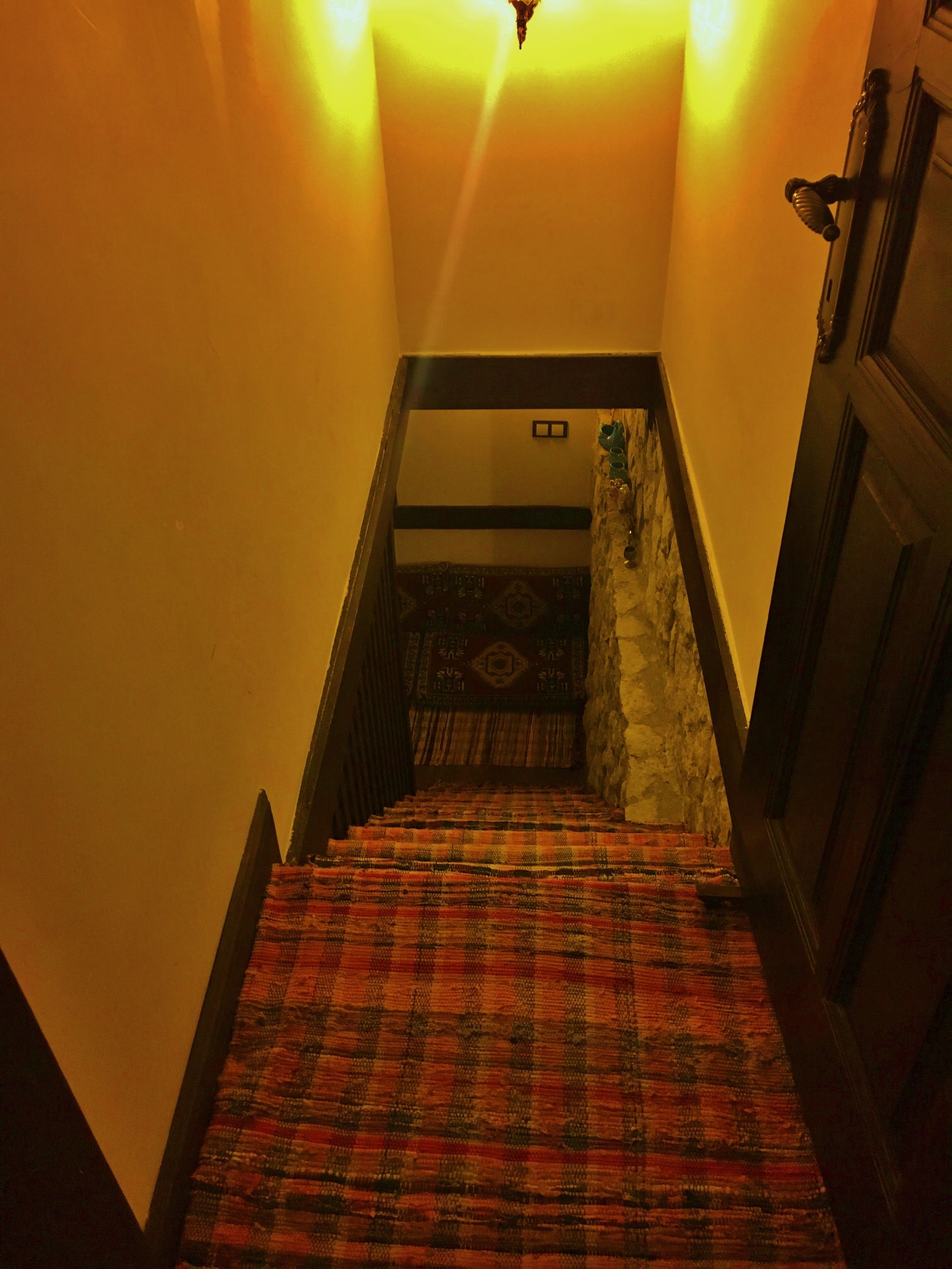 A staircase with a patterned carpet, a stone wall, and a wooden door.