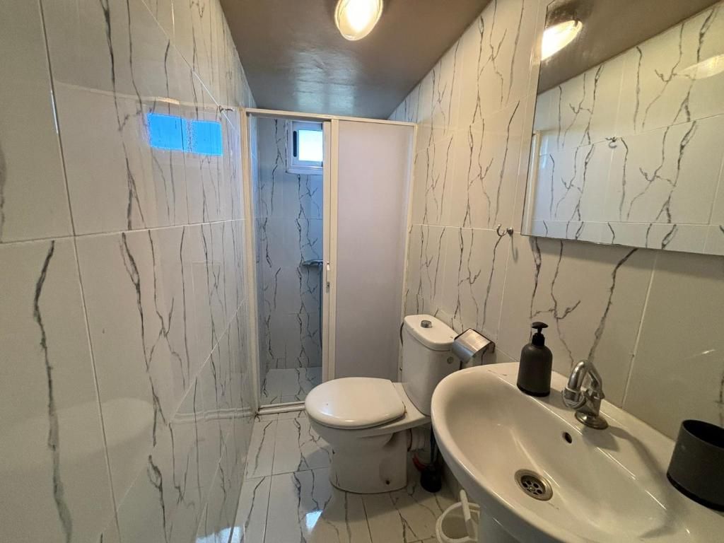 Une salle de bain avec des toilettes, un lavabo et un miroir.