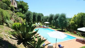 A swimming pool with a tiled deck, surrounded by lush greenery and a few lounge chairs. - Podere Agrituristico Luchiano (Amelia)