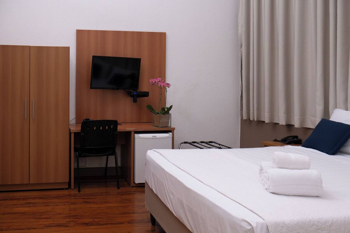 Minibar, desk, laptop workspace, blackout drapes