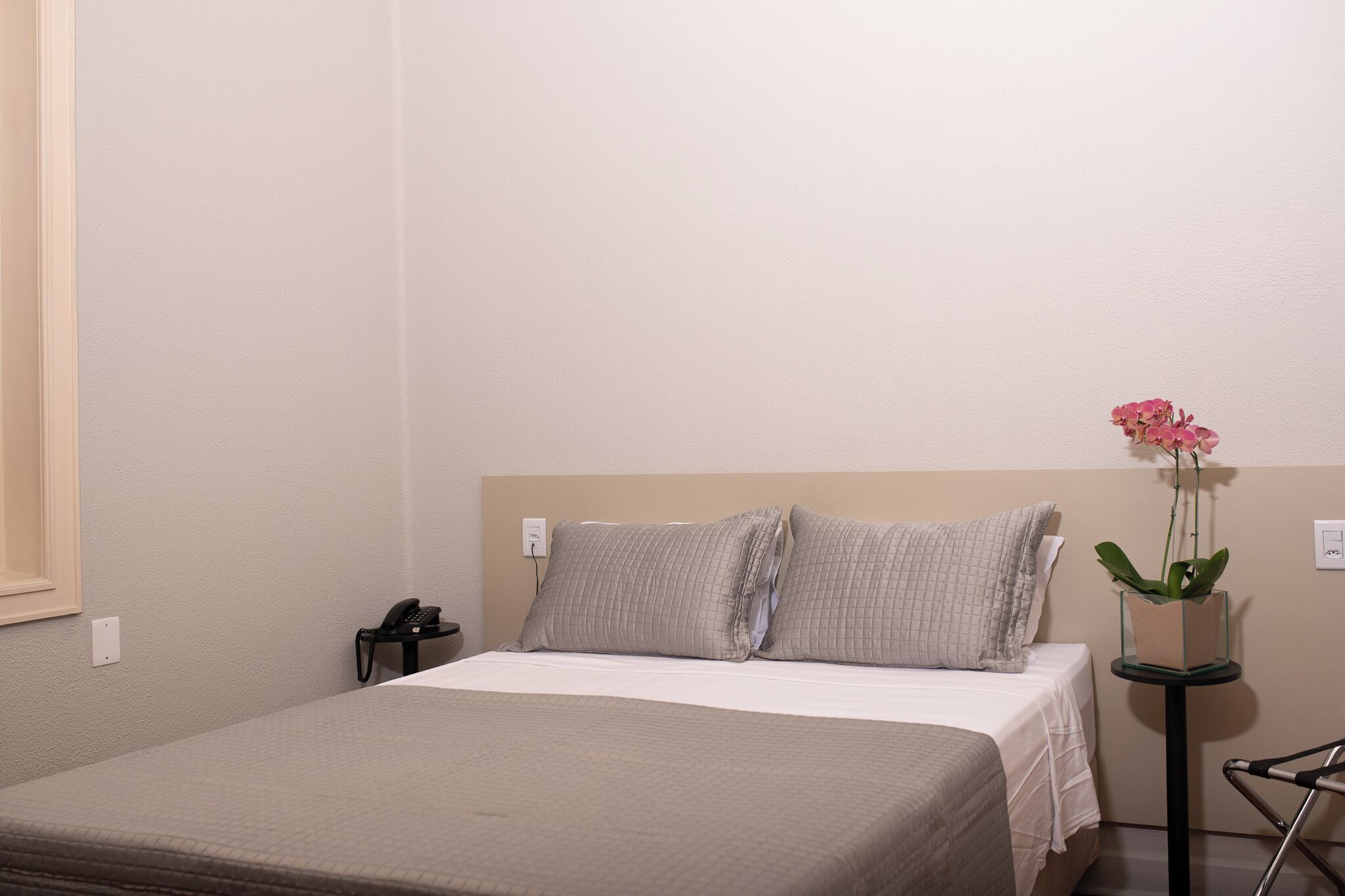 A hotel room with a bed, a bedside table with a phone, and a small table with a potted plant.