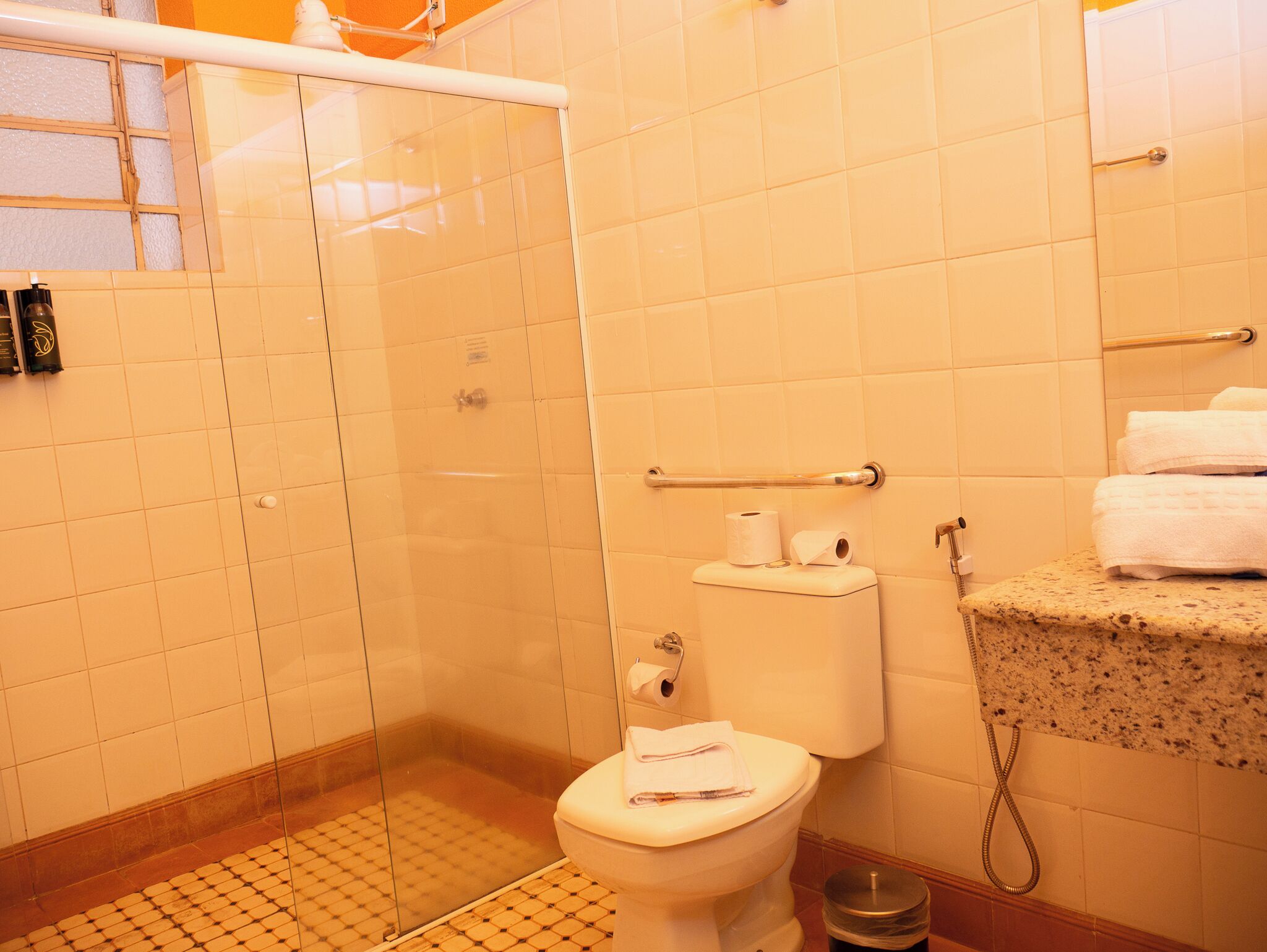 Un baño con cabina de ducha de vidrio, inodoro con barra de apoyo y lavamanos con toallero.