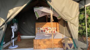 Desk, laptop workspace, bed sheets