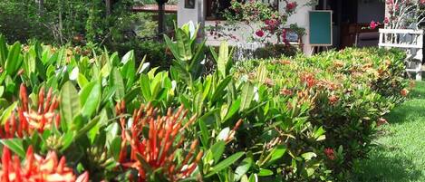 A building with a tiled roof, surrounded by lush greenery and flowering plants.